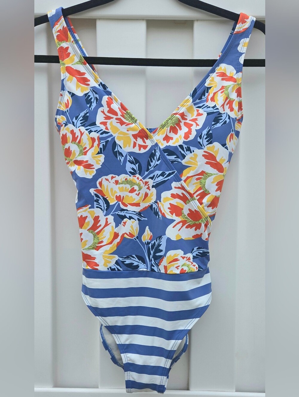 Skye Swimwear Blue Floral & White-Blue Stripe One-Piece Size Small
